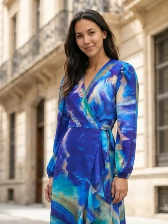 Alana Kay Art wrap ruffle dress blue abstract GORGEOUS NWT Small - Picture 2 of 7